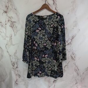 J Jill Shirt Women Medium Black Long Sleeve Top Floral Tunic Flutter Flare